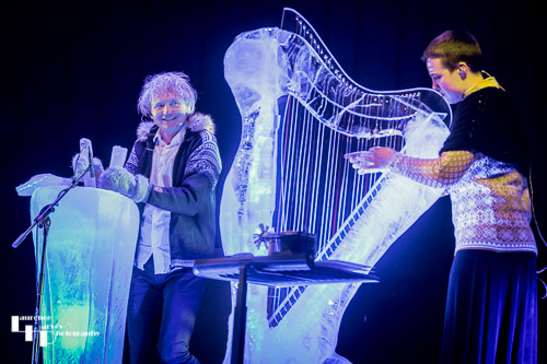Terje Isungset on ice percussion, Julie Rokseth on ice harp