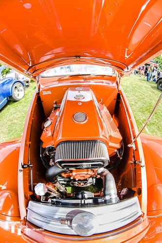 Orange car engine compartment